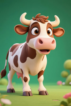 Cute cartoon cow standing on green background. 3d illustration.の素材