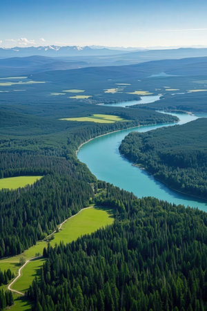 Aerial view of the river and mountains in Altai Republic, Russiaの素材