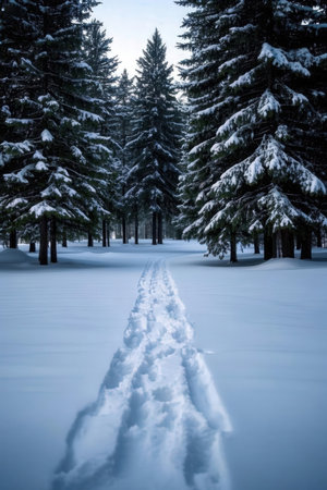 Winter forest with snow covered trees and a footpath in the foregroundの素材