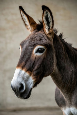 Portrait of a donkey in a zoo. Close-up.の素材