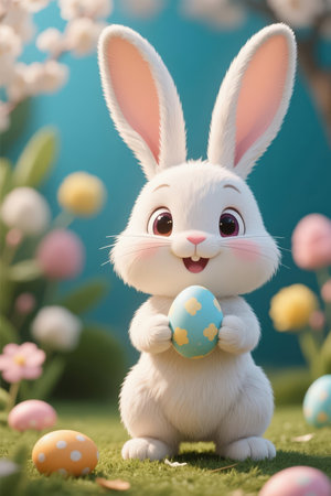 Easter bunny with easter eggs on green grass and flowers backgroundの素材