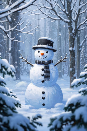 Snowman in the winter forest. Christmas and New Year background.の素材
