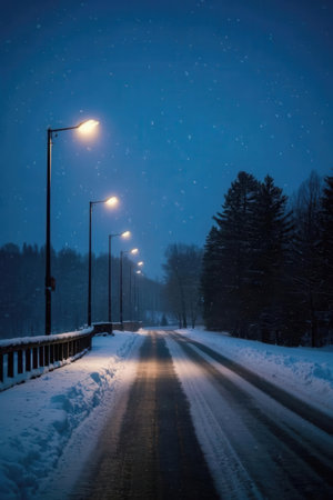 Night winter road with street lamps and falling snowflakes in the backgroundの素材