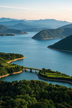 Aerial view of a lake in the mountains. Beautiful landscape.の素材