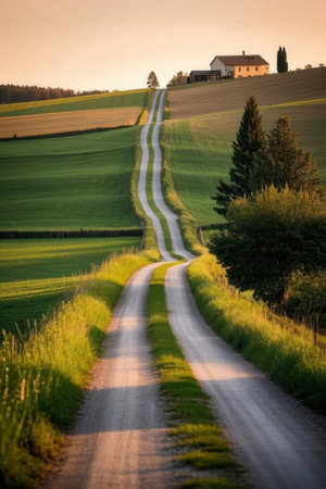 Country road in the fields of Tuscany at sunset, Italyの素材