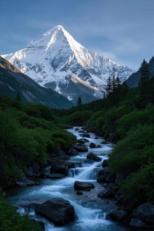 Mountain landscape with a river and a snow-capped peakの素材