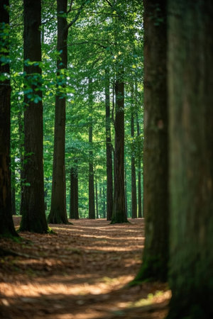 beautiful green forest in spring with sun rays and long shadows. perspectiveの素材