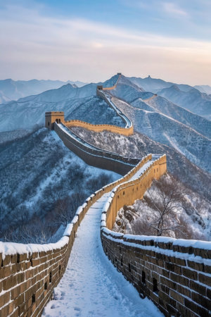 Majestic Great Wall of China in winter, panoramic viewの素材
