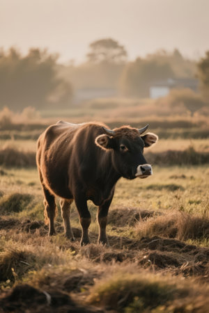 Cow in the meadow with misty morning in the background.の素材