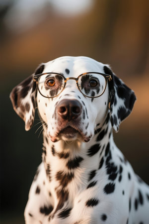 Dalmatian dog in glasses. Selective focus on the dogの素材