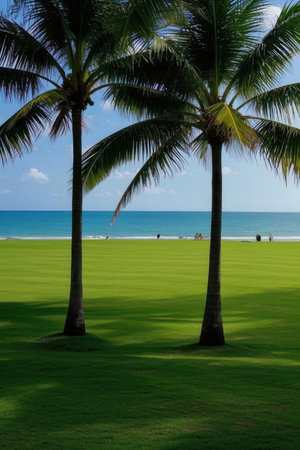Green grass and coconut tree on the beach in the morning, Thailandの素材