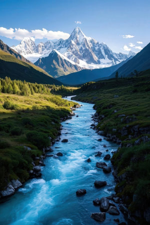 Mountain landscape with a river and snow-capped peaks in the backgroundの素材