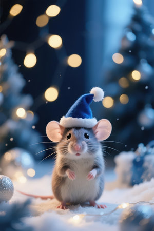 Cute little rat in santa hat on christmas tree backgroundの素材