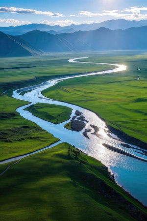 Aerial view of the river and meadows in Kyrgyzstanの素材