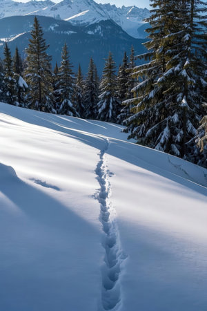 Footprints in the snow in the mountains. Winter landscape in the Alpsの素材