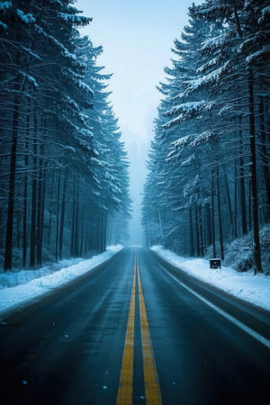 Beautiful winter landscape in the mountains. Road in the forest.の素材