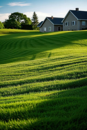 Rows of green grass in front of a house with blue skyの素材