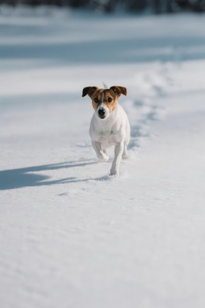 Jack russell terrier running on the snow in winter.の素材