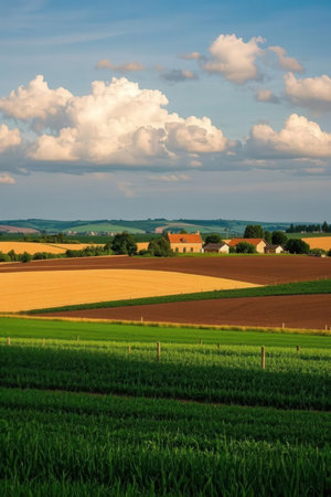 Rural landscape with fields and farmhouse in Czech Republic, Europeの素材