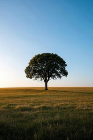 A single tree in the middle of a field with a blue skyの素材