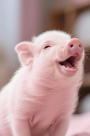 Portrait of a cute little pig on a pink background. The concept of a happy piglet.の素材