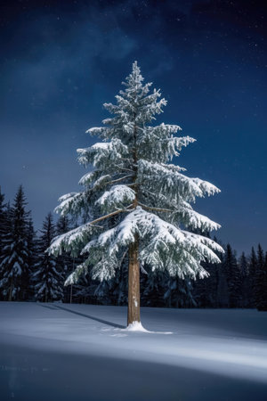 Beautiful winter landscape with snowy fir tree in the forest at nightの素材