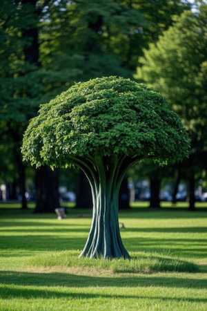 Green tree in the park on sunny summer day. Natural background.の素材