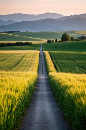 Rural road through green fields in Tuscany, Italy.の素材