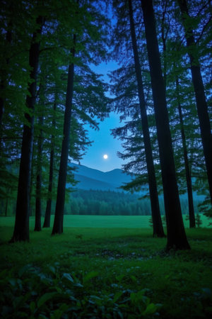 Mountain landscape at night with bright full moon and green forest.の素材
