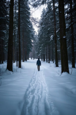Man walking in the winter forest. Winter forest with snow covered trees.の素材