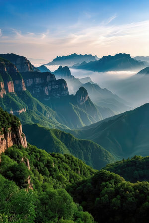 Mountain landscape at sunrise, Zhangjiajie, Chinaの素材
