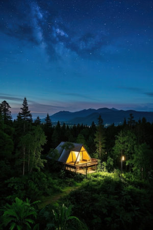 Night camping in the Carpathian mountains, Ukraine, Europe.の素材