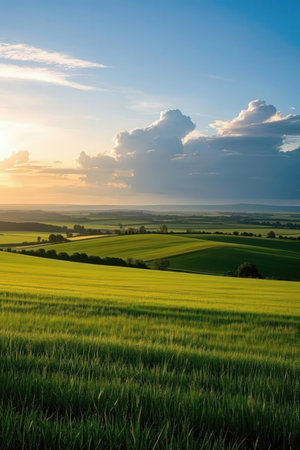 Beautiful sunset over the fields of wheat in summer. Rural landscape.の素材