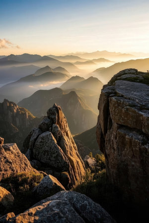 Sunset over the mountains in Huangshan National Park, Chinaの素材