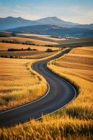 Winding road through the wheat field in Tuscany, Italyの素材