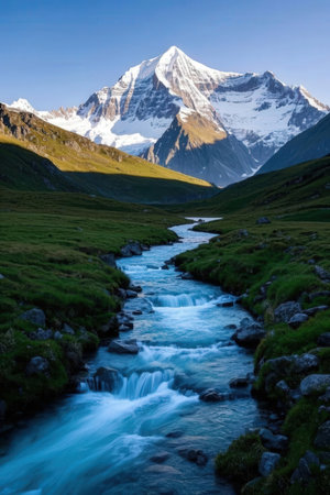 Autumn alpine landscape with lake and mountains in background, New Zealandの素材