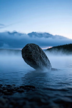 A large stone in the water on a background of blue sky.の素材