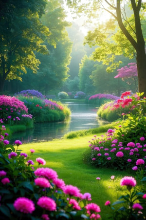 Beautiful park with blooming flowers in the rays of the setting sunの素材