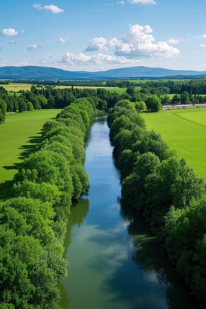 Aerial view of the river and forest. Beautiful summer landscape.の素材