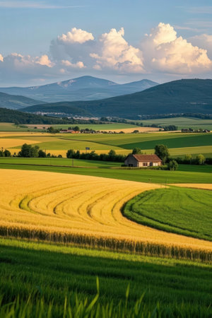 Rural landscape in the summer with fields and mountains in the backgroundの素材