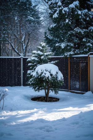 Pine tree covered with snow in a small backyard in winter.の素材