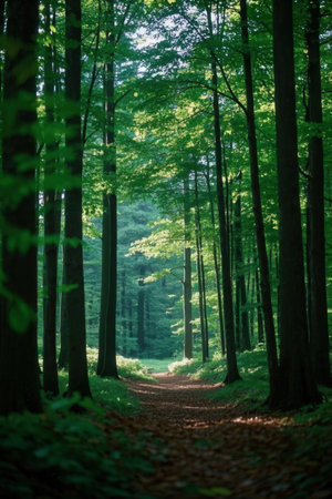 beautiful green forest landscape in the morning with sun rays and shadowsの素材