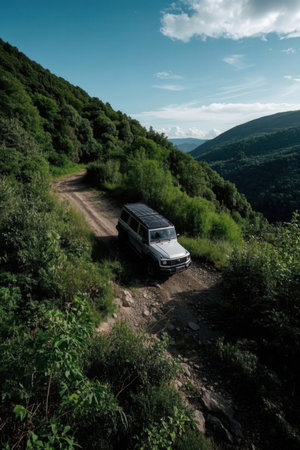 Car on the dirt road in the Carpathian Mountains, Ukraineの素材