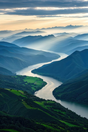 Mountain landscape with lake in the morning. View from above.の素材