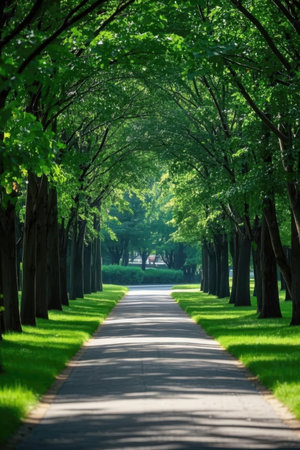 Pathway in the park with green trees and grass in the foregroundの素材