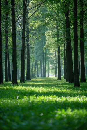 Sunlight in the green forest. Spring landscape. Sunlight in the forest.の素材