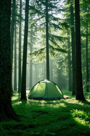 Camping in the woods. Green tent in the forest. Travel conceptの素材