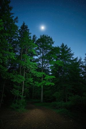 Night in the forest with full moon and starry sky. Night landscape.の素材
