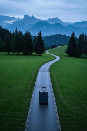 Luggage on the road in the Dolomites, Italy.の素材