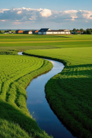 Rural landscape with green paddy field and small river at sunsetの素材
